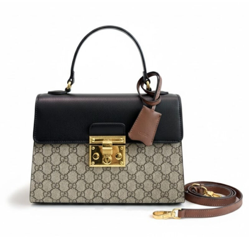 Gucci Padlock GG Supreme Top Handle Bag Black And Beige 28Cm 453188 KLQJG 9785