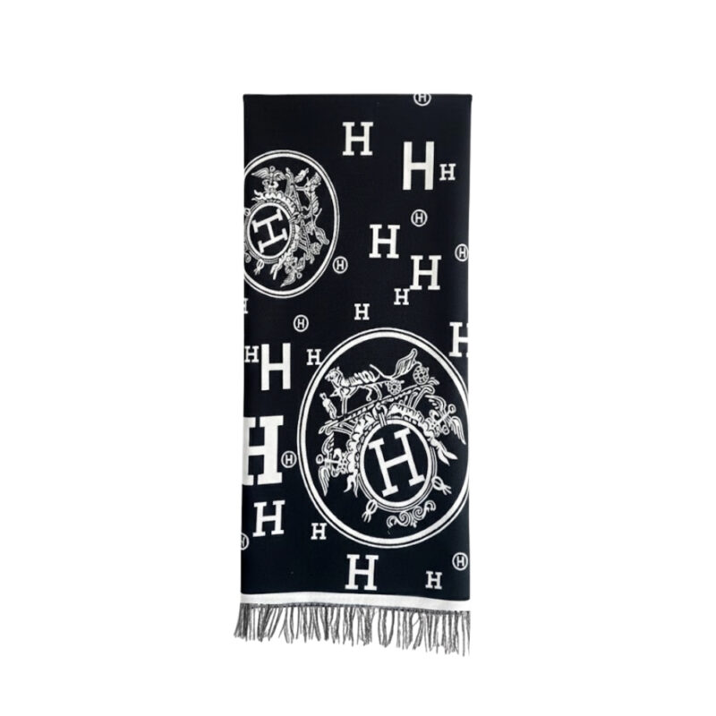 Hermes Muffler H Logo Wool Shawl Black 180Cm