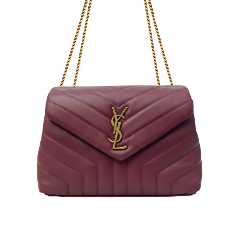 Saint Laurent Loulou Medium Chain Bag In Matelassé Y Leather Burgundy Gold 26Cm