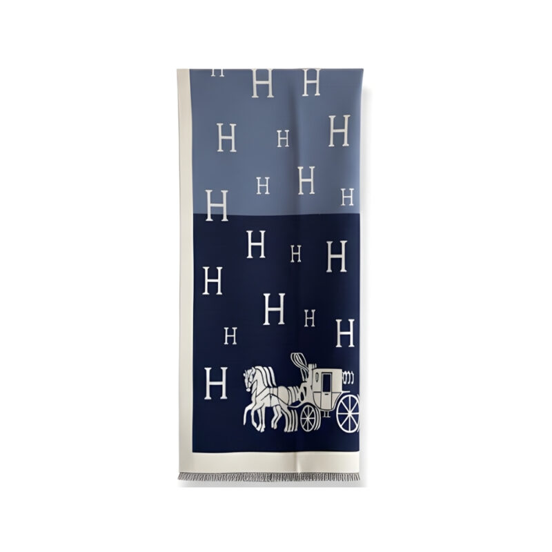 Hermes Equipage Equestrian Horse H Scarf Blue 180Cm