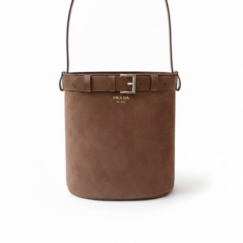 Prada Suede Buckle Bucket Bag With Belt Brown 28Cm 1BE085VSBM2C4S F0324