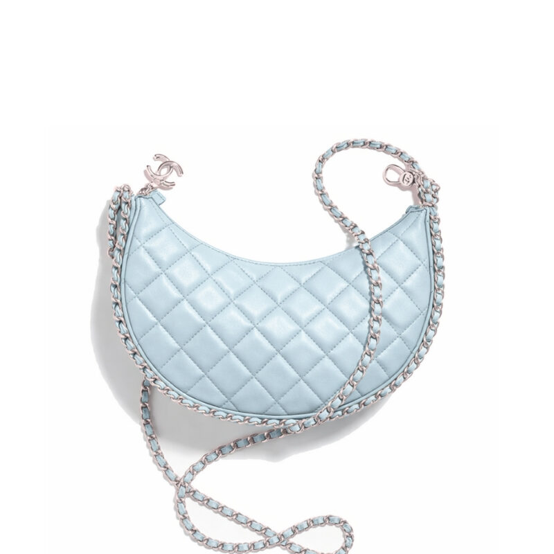 Chanel Hobo Bag Shiny Silver Metal Light Blue 20Cm