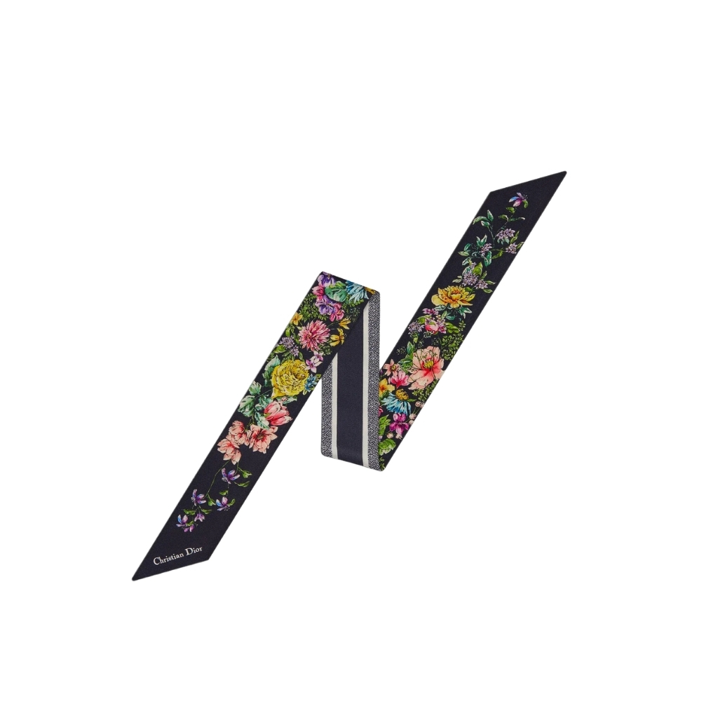 Dior D Floral Mitzah Scarf Multicolor Silk Twill Black 24FCO106I606 C582