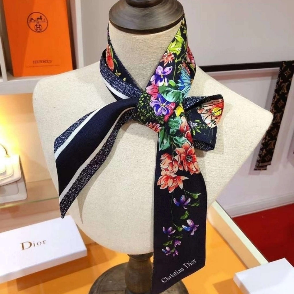 Dior D Floral Mitzah Scarf Multicolor Silk Twill Black 24FCO106I606 C582 - Image 6
