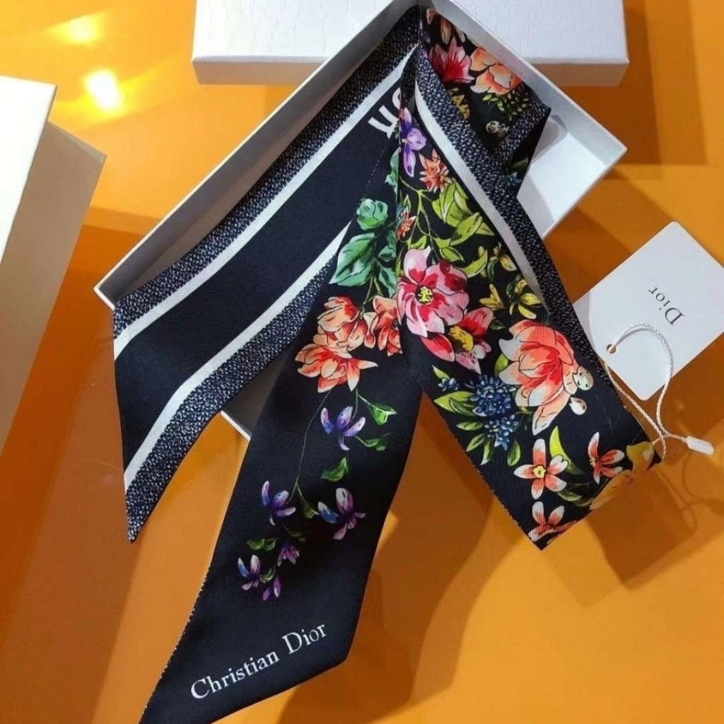 Dior D Floral Mitzah Scarf Multicolor Silk Twill Black 24FCO106I606 C582 - Image 5