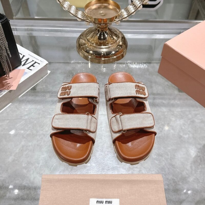 Alternative view of Miumiu Canvas Slides Beige And Brandy 5XX658 Q1D F062F F 010