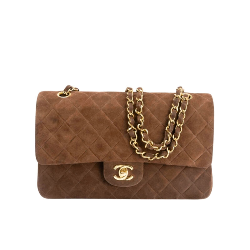 Chanel Classic Medium Double Flap Bag Gold Tone Dark Brown 25cm