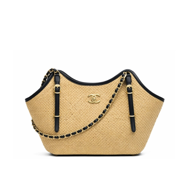 Chanel Medium Shopping Bag Braided Raffia And Gold Tone Metal In Beige 30Cm