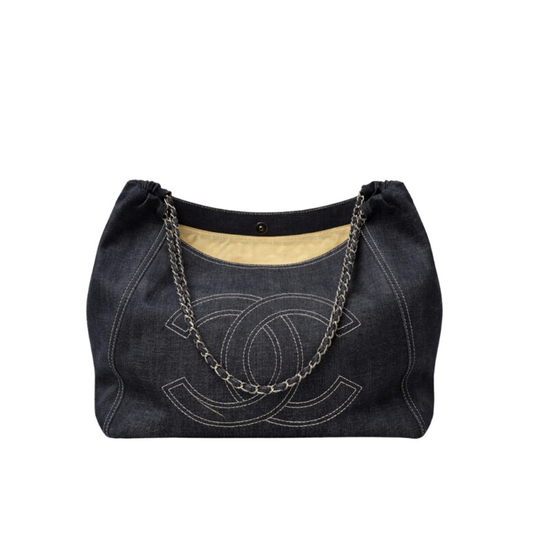 Chanel Large Tote Bag Black Denim Chain Strap 36Cm