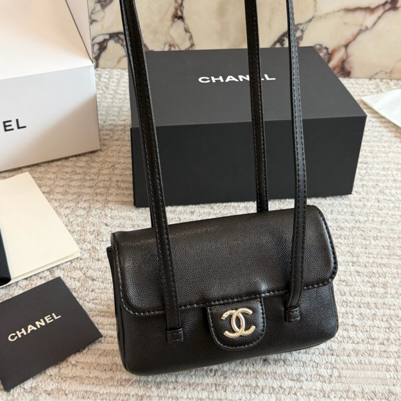 Alternative view of Chanel Clutch With Leather Strap Grained Shiny And Gold Tone Black 17cm
