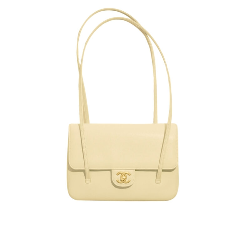 Chanel Small Flap Bag Grained Shiny And Gold Tone Light Yellow 22cm