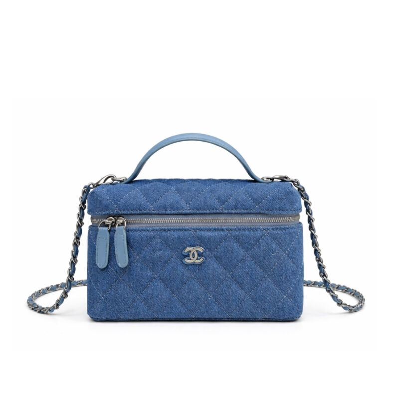 Chanel Classic Vanity With Chain Silver Tone Denim Blue 19cm