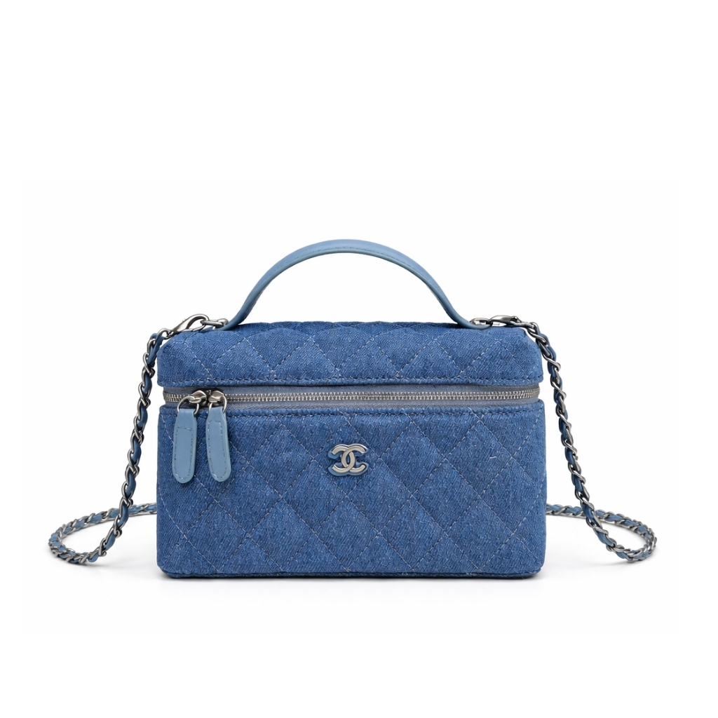 Chanel Classic Vanity With Chain Silver Tone Denim Blue 19cm