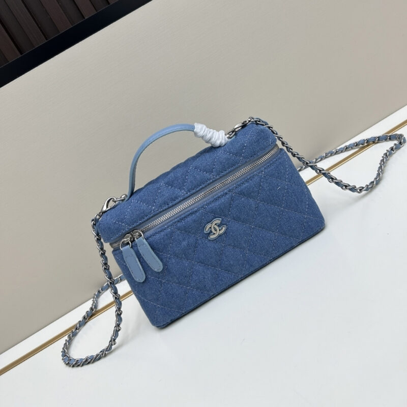 Alternative view of Chanel Classic Vanity With Chain Silver Tone Denim Blue 19cm