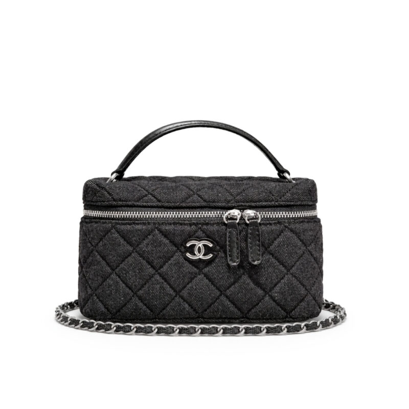Chanel Classic Vanity With Chain Silver Tone Denim Black 19cm
