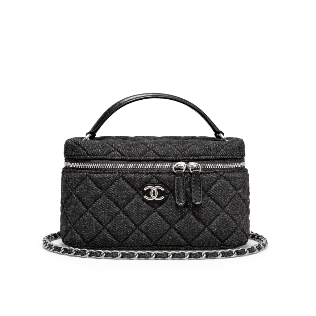 Chanel Classic Vanity With Chain Silver Tone Denim Black 19cm