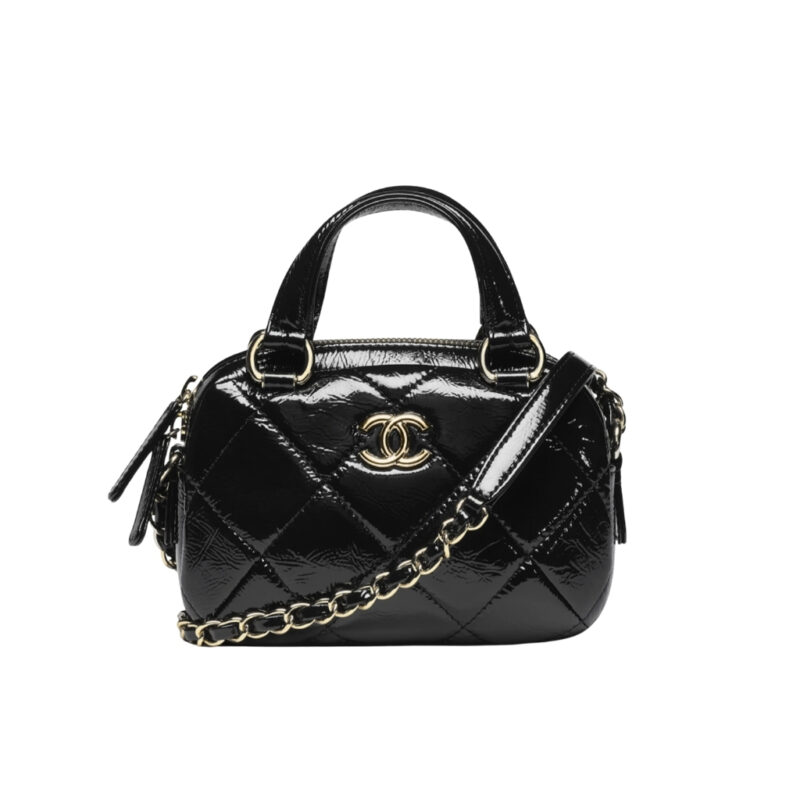 Chanel Mini Bowling Bag Shiny And Gold Tone Black 18cm AS5536 B21393 94305