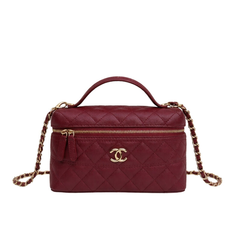 Chanel Classic Vanity With Chain Gold Tone Dark Red 19cm