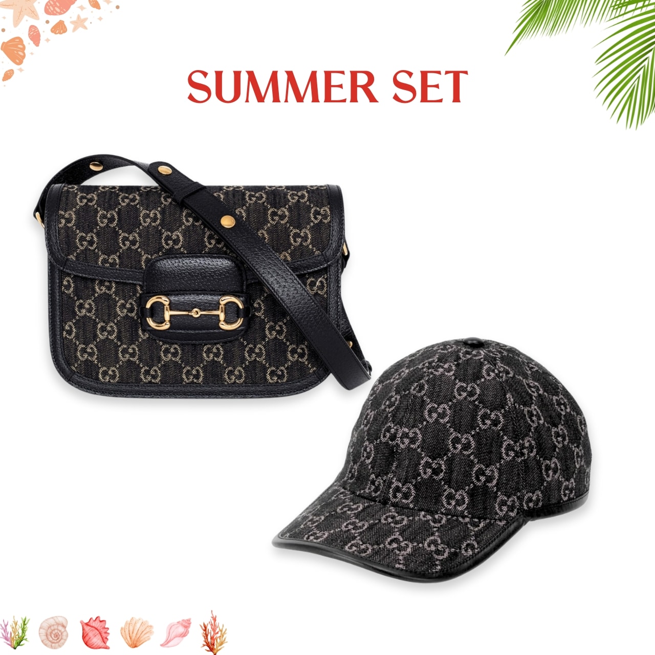 Summer Set: Gucci Horsebit 1955 Original Gg Shoulder Bag Black Ivory And Gg Denim Baseball Hat Black