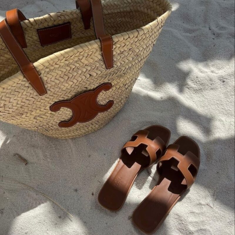 Alternative view of Summer Set: Celine Teen Celine Classic Panier In Palm Leaves Tan And Hermes Slippers Flat Oran Brown H021056Z