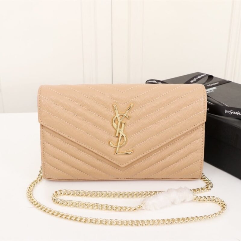 Alternative view of Summer Set: Saint Laurent Cassandre Matelassé Chain Wallet In Grain De Poudre Embossed Beige And Sl 692 Light Gold And Brown