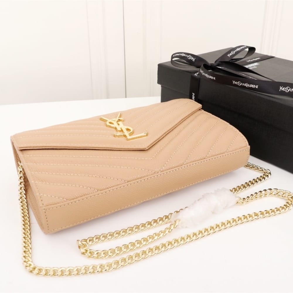 Summer Set: Saint Laurent Cassandre Matelassé Chain Wallet In Grain De Poudre Embossed Beige And Sl 692 Light Gold And Brown - Image 3