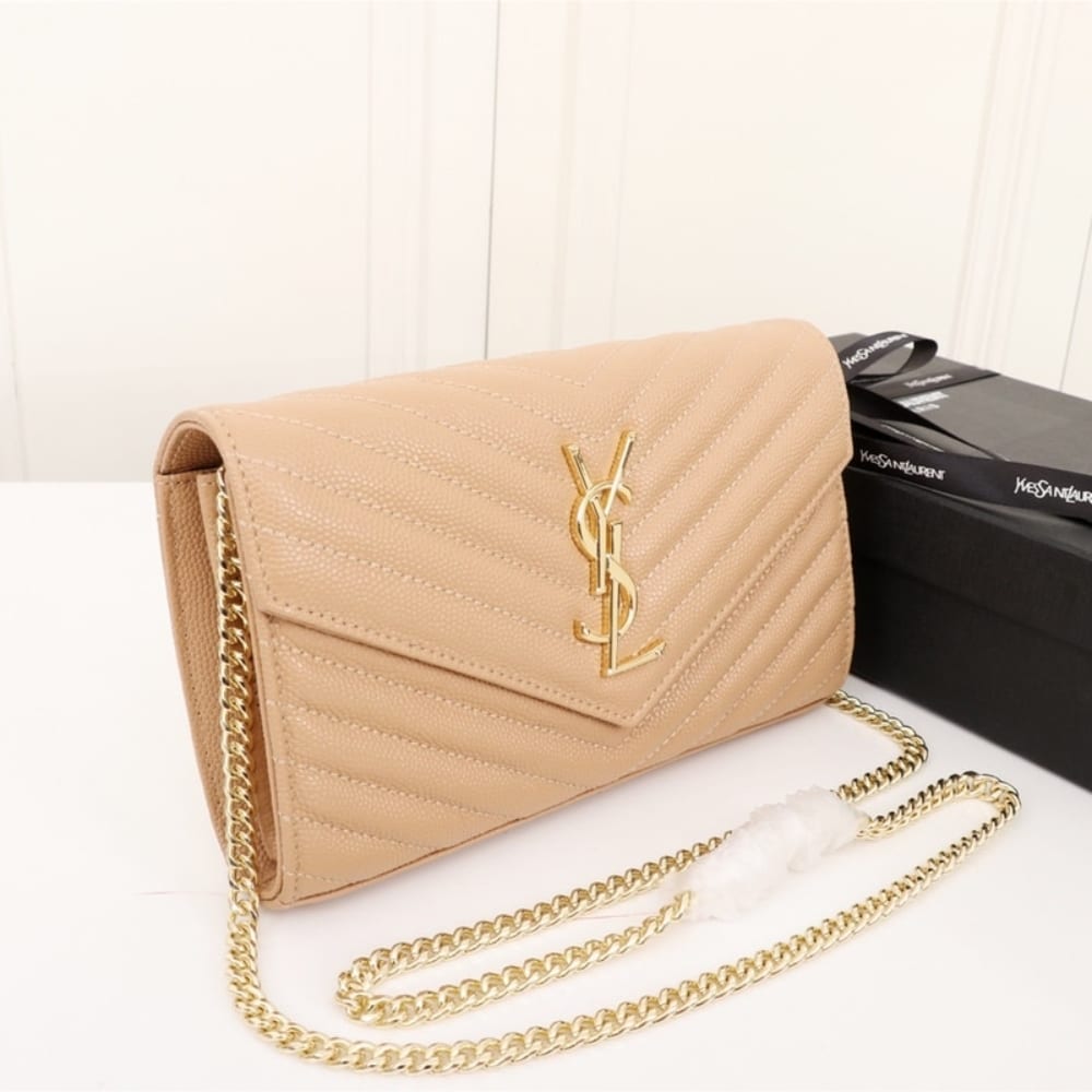 Summer Set: Saint Laurent Cassandre Matelassé Chain Wallet In Grain De Poudre Embossed Beige And Sl 692 Light Gold And Brown - Image 4