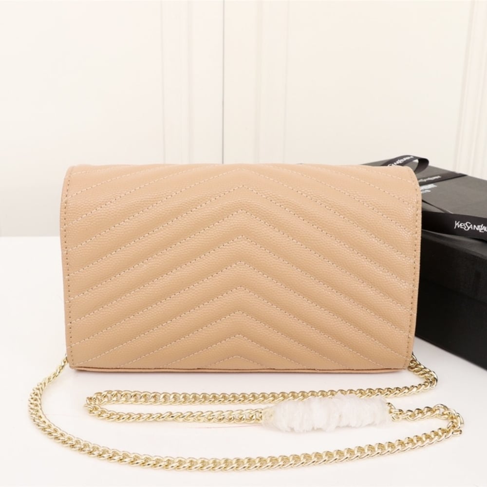 Summer Set: Saint Laurent Cassandre Matelassé Chain Wallet In Grain De Poudre Embossed Beige And Sl 692 Light Gold And Brown - Image 5