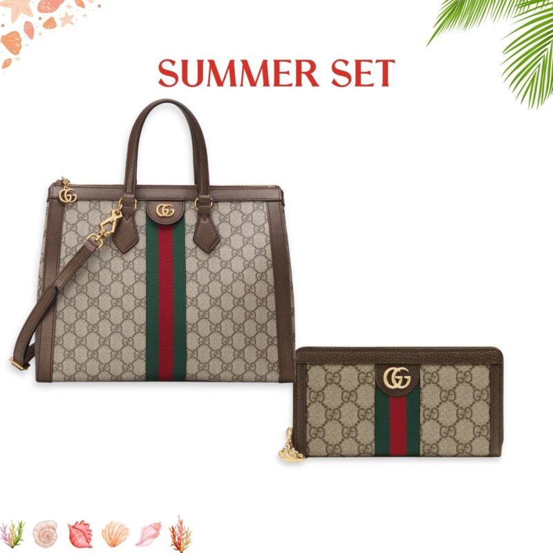 Summer Set: Gucci Ophidia Gg Medium Top Handle Tote Bag And Zip Around Wallet Brown