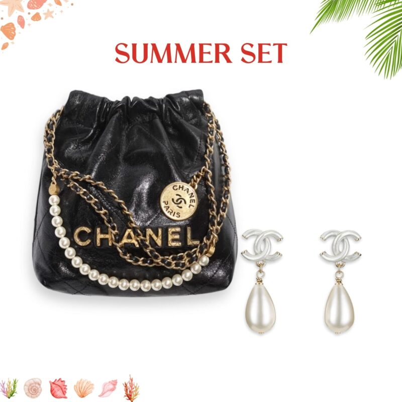Summer Set: Chanel 22 Mini Handbag Crystal Pearls Black And Cc Pearl Drop Earrings