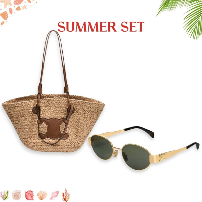 Summer Set: Celine Triomphe Panier In Raffia And Calfskin Tan And Sunglasses Metal Ovale Gold