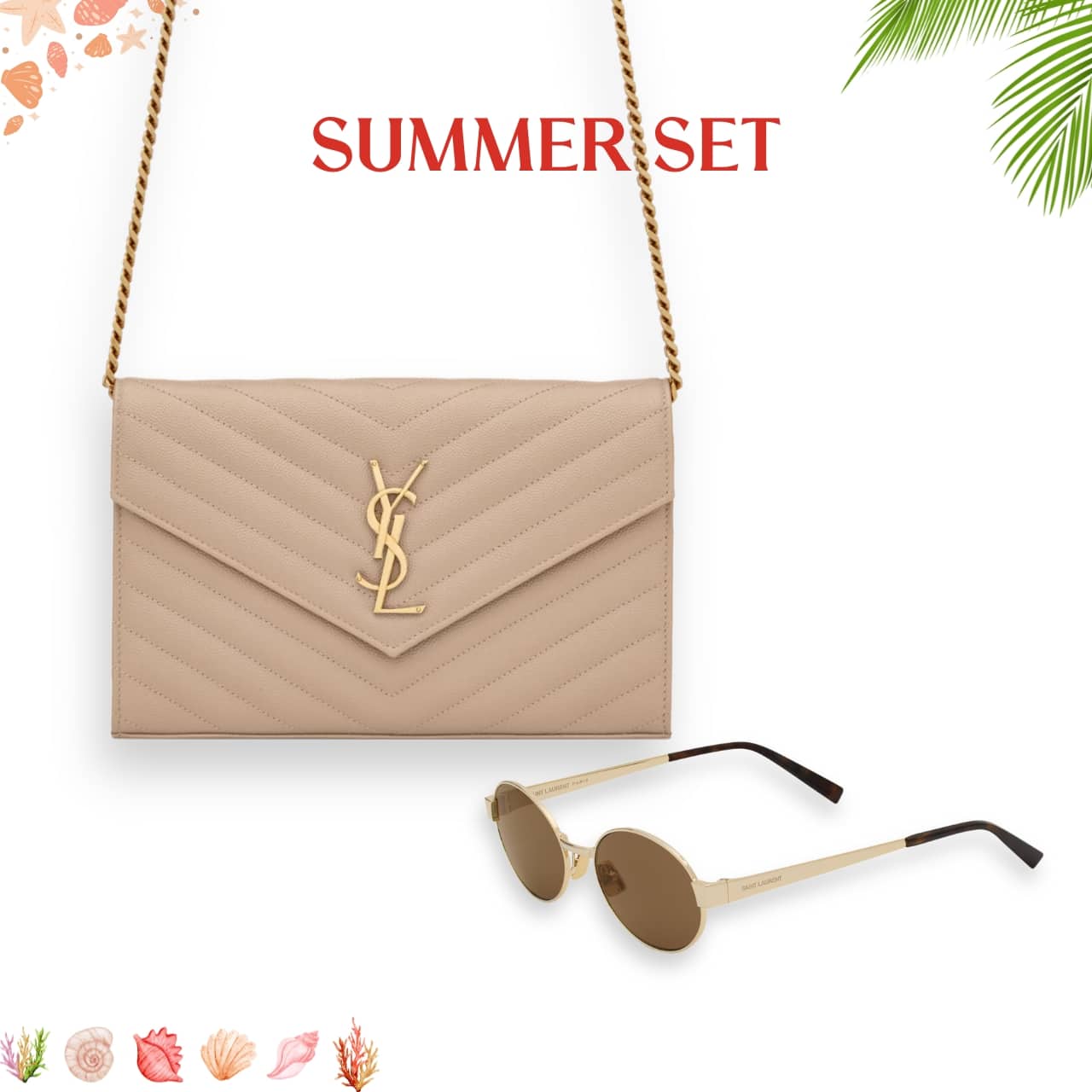 Summer Set: Saint Laurent Cassandre Matelassé Chain Wallet In Grain De Poudre Embossed Beige And Sl 692 Light Gold And Brown