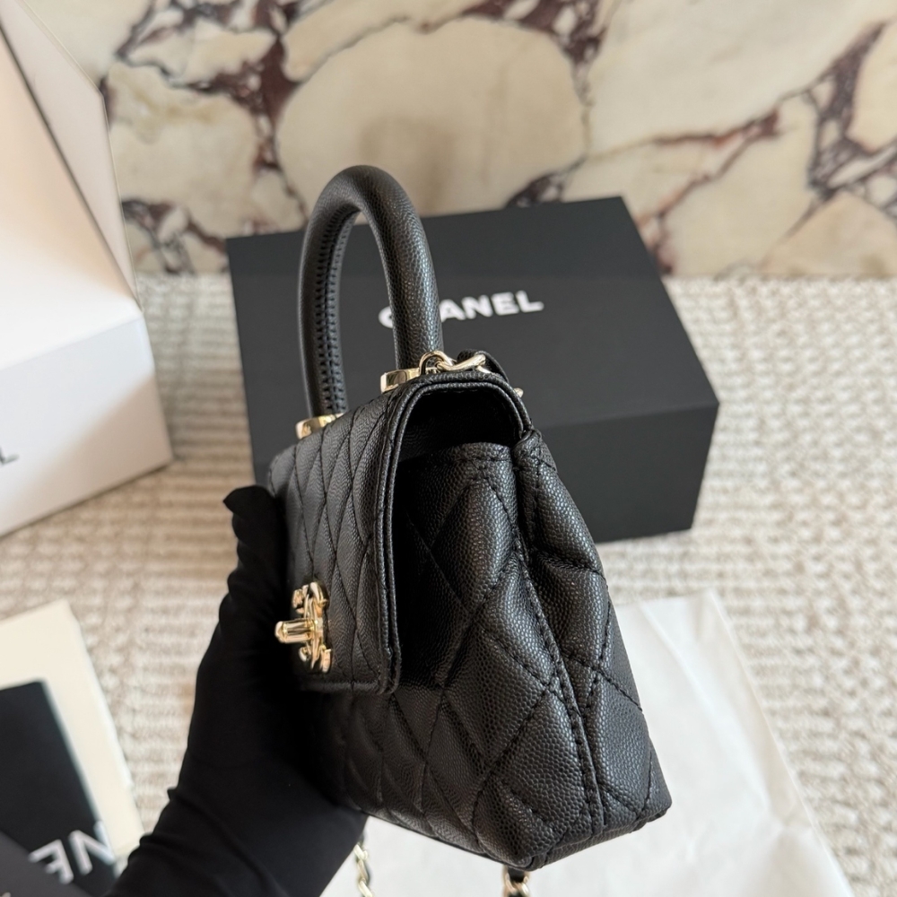 Chanel Mini Flap Bag With Top Handle Shiny And Gold Tone Metal Black 15Cm AS2215 B05061 94305 - Image 3