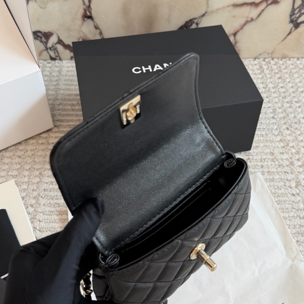 Chanel Mini Flap Bag With Top Handle Shiny And Gold Tone Metal Black 15Cm AS2215 B05061 94305 - Image 8