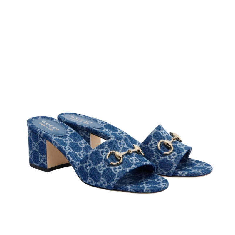 Gucci Women Slide Sandal With Horsebit Blue GG Denim 854882 FAFGT 4746
