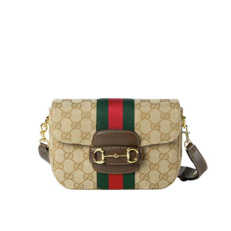 Gucci Horsebit 1955 Small Shoulder Bag GG Canvas Sand And Brown 21cm 866762 FAFV9 9653
